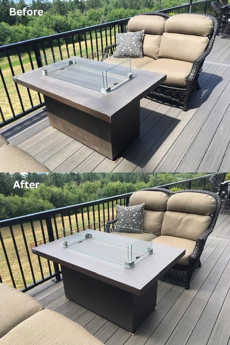 Before and after comparison of an outdoor patio fire table finished with Stove Bright High Temperature Paint