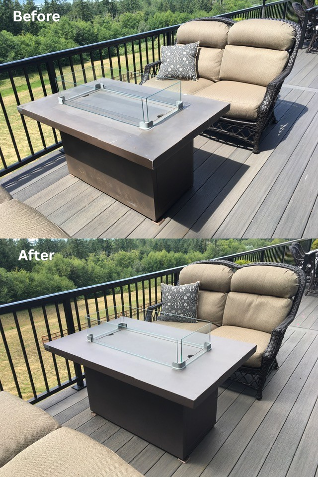 Before and after comparison of an outdoor patio fire table finished with Stove Bright High Temperature Paint