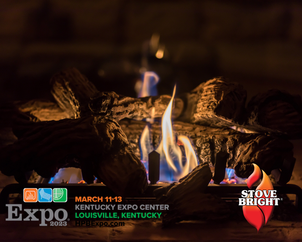flame of a gas stove with painted logs with hpbexpo and stove bright logo
